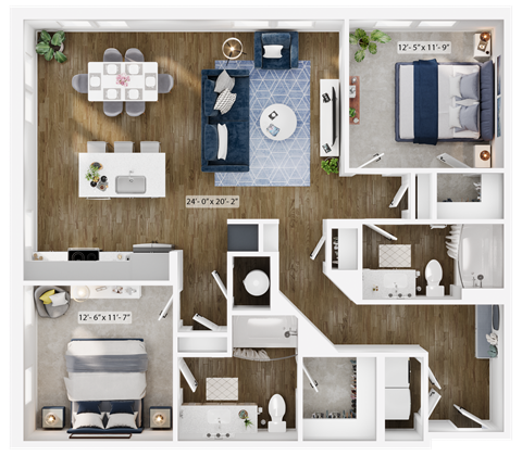 Floor plan for 2 beds, 2 baths, 1207 sqft